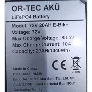72 VOLT 20 AH LİTHİUM AKÜ ORTEC + ŞARJ ALETİ