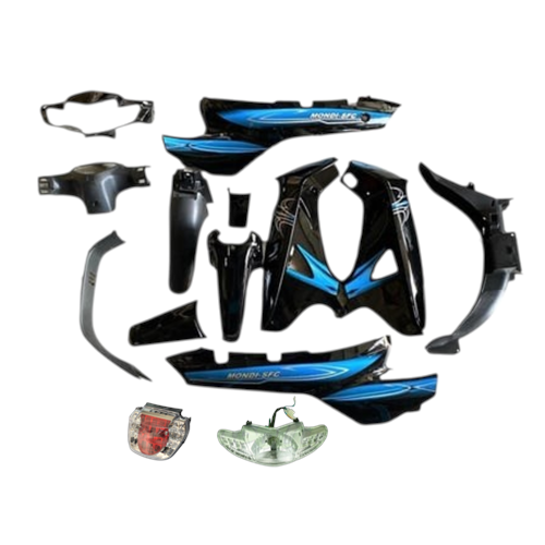 CUB 100 SFC KAPORTA SETİ SİYAH (FAR + STOP) DAHİL / MAVİ STIKERLI