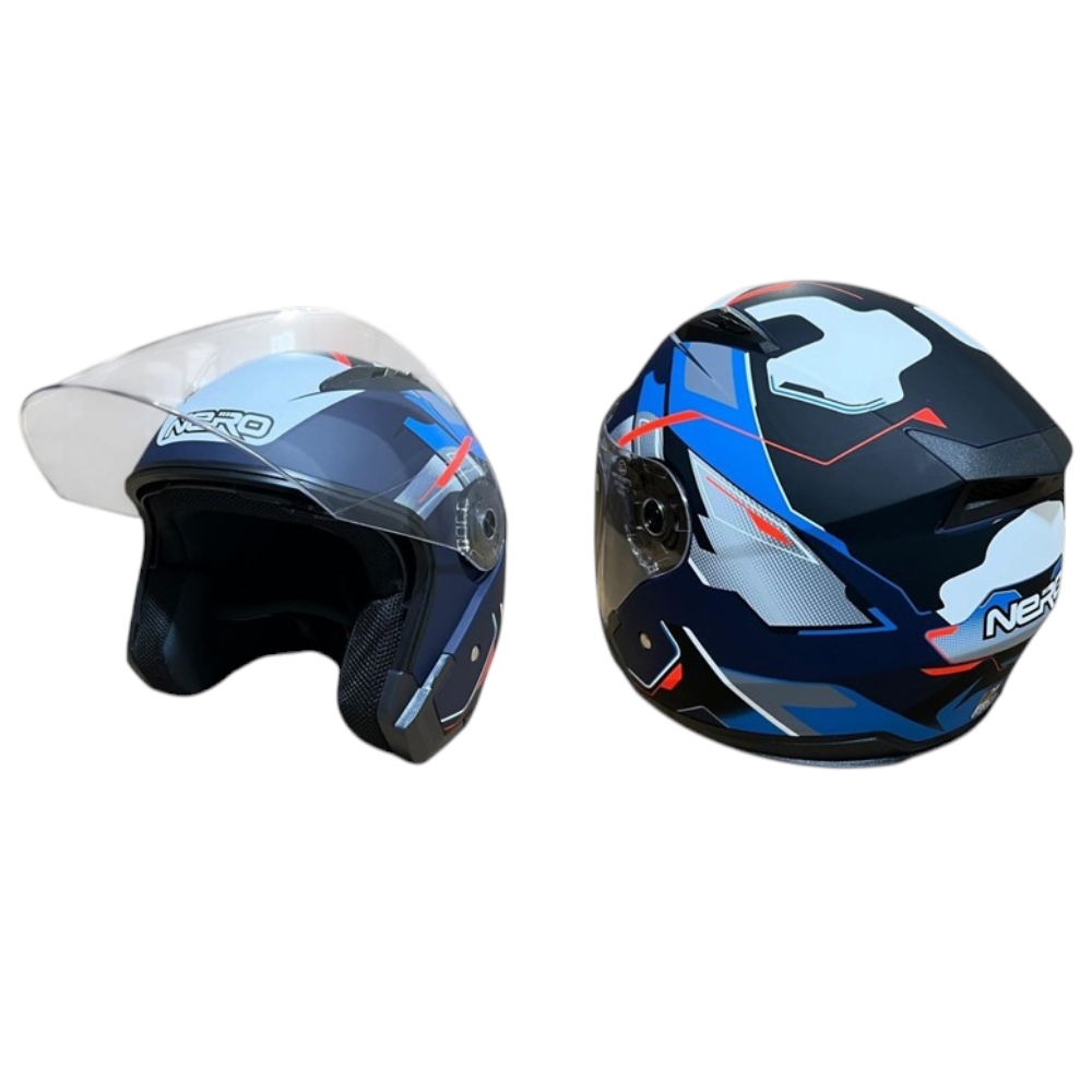 NERO KASK ÇENESİZ 528-1 MAT SİYAH - MAVİ E1 (XL) (MANUEL VİZÖR)